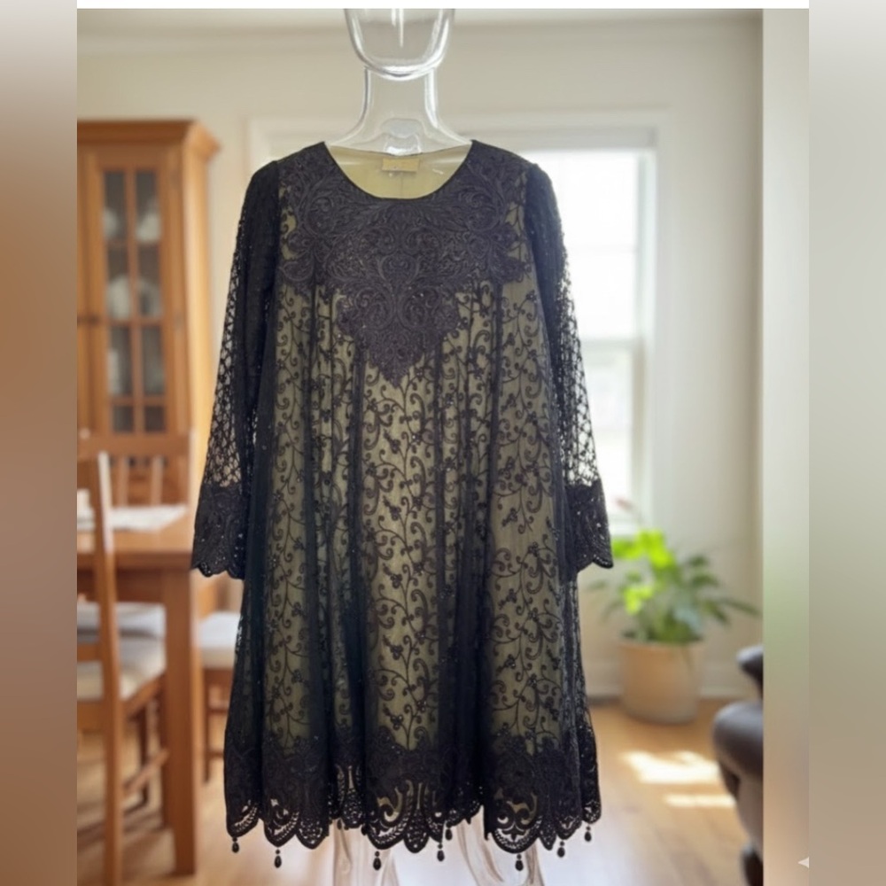 Sofia Black Sequin Lace Kurti Tunic Dress & Shawl Set - Chartreuse Lining | S